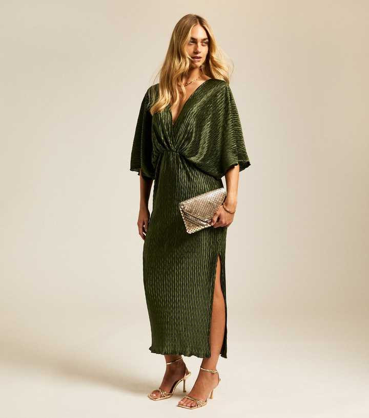 Khaki Metallic Textured Batwing Sleeve Midi Dress | New Look | New Look (UK)