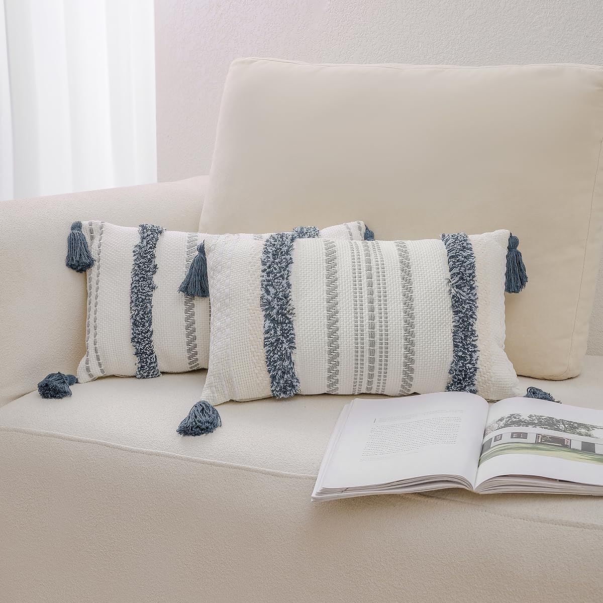 Zufudo Throw Pillow Covers with Tassels Set of 2 Cotton Boho Tufted Modern Farmhouse Decorative L... | Amazon (US)