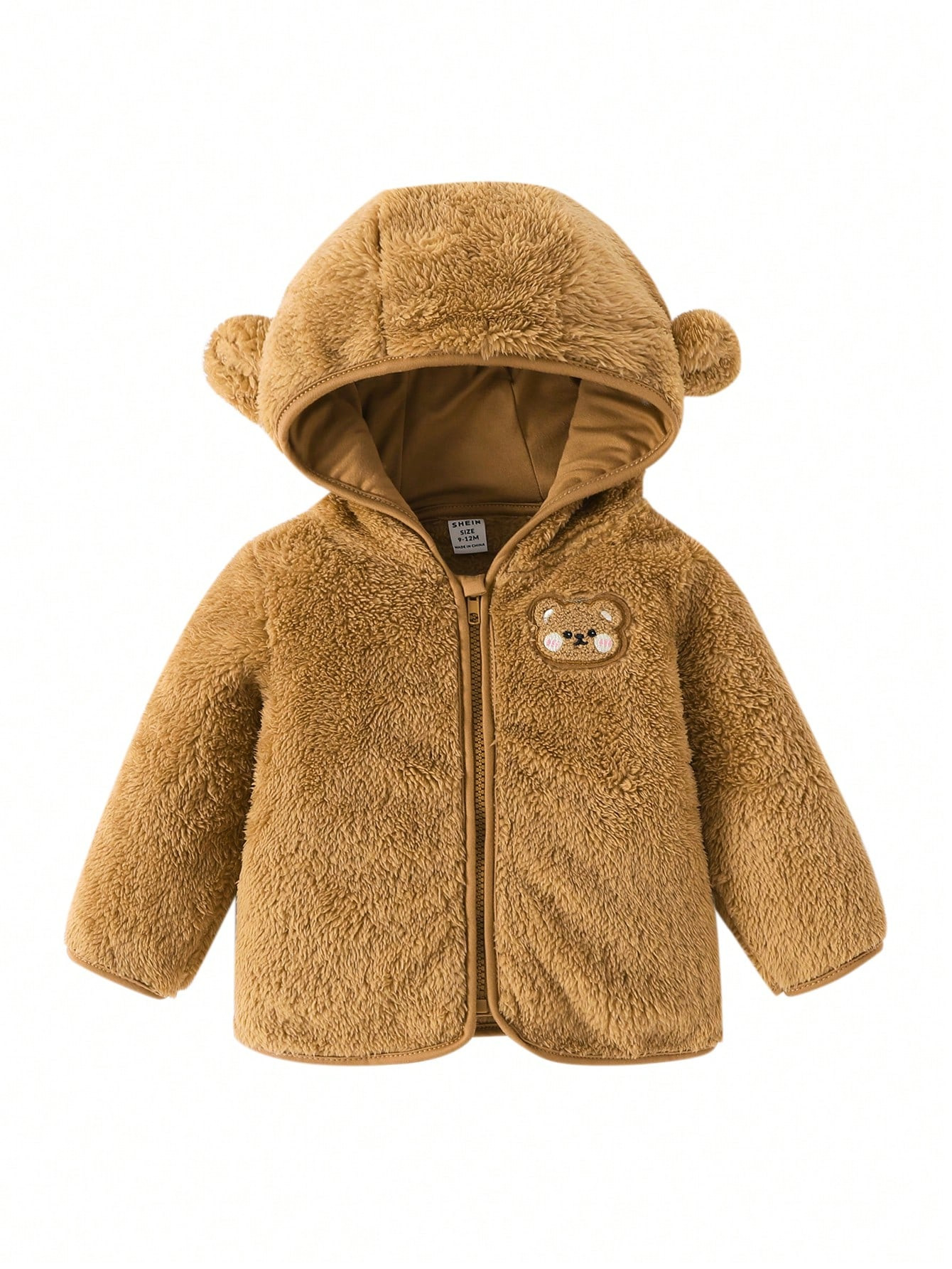 Baby Boy Bear Embroidery 3D Ear Design Hooded Fuzzy Coat | SHEIN