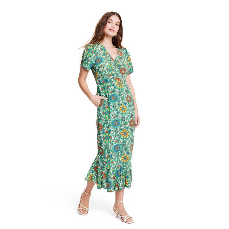 Women's Zinnia Floral Print Short Sleeve Midi Dress - RHODE x Target Green/Red/Yellow | Target