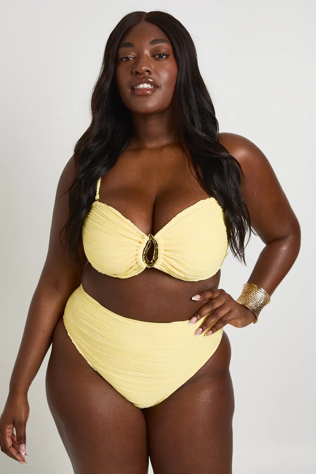 Lemon Plus Textured Gold Trim Bikini  Top & High Waist Bikini Bottom Set | Boohoo | Boohoo.com (UK & IE)