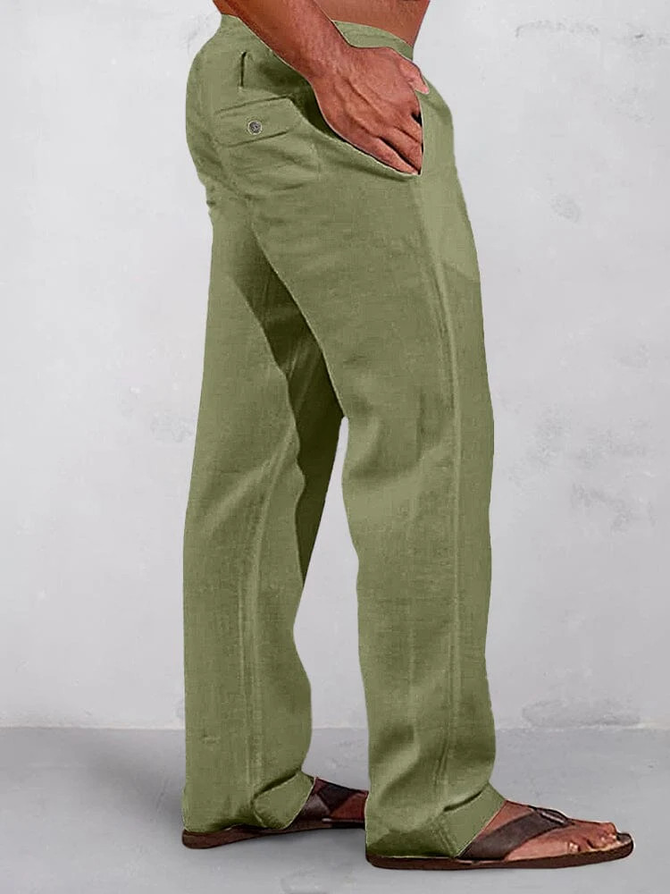 Casual Solid Elastic Waist Cotton Linen Straight Pants | Coofandy