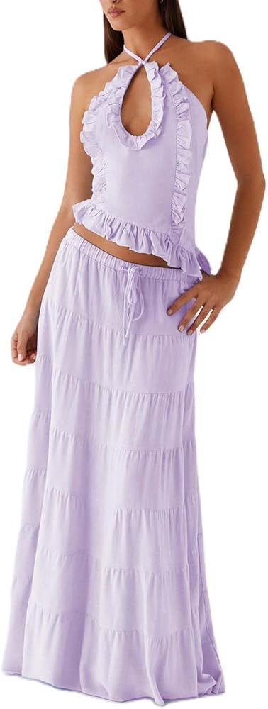 Y2k Ruffle Long Skirt Sets for Women 2 Piece Outfits Summer Ruched Backless Cami Top Matching Boh... | Amazon (US)