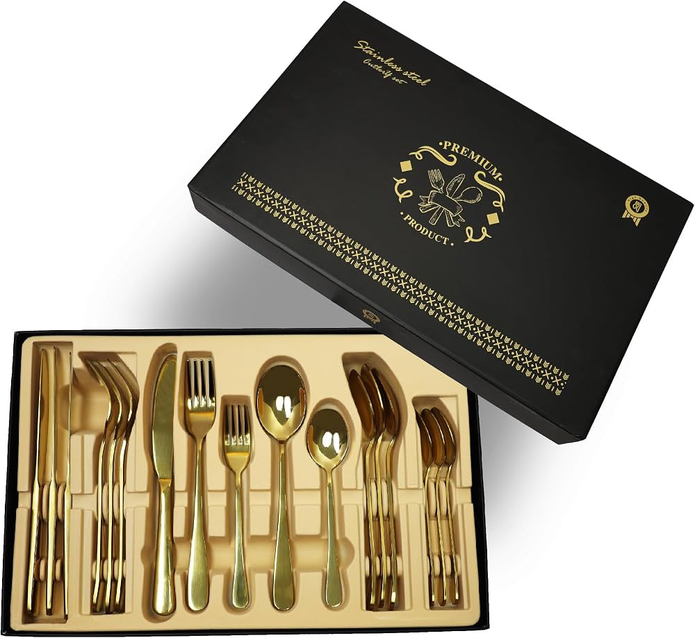 Runfly Gold Silverware Set for 4 with Fancy Gift Box, Premium Stainless Steel Flatware Set, Mirro... | Amazon (CA)
