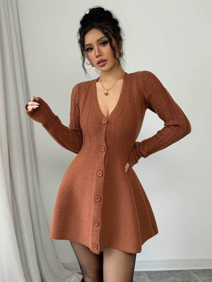 Elenzga Women's Simple Solid Color V-Neck Button Down Waist Sweater Cardigan | SHEIN