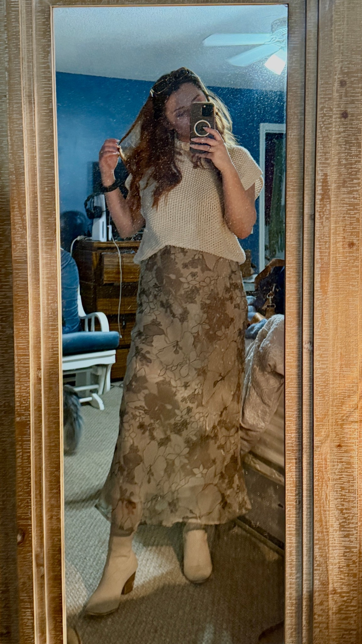 Terrible quality pic but here is my Casual boho outfit featuring a floral maxi skirt, cozy knit sweater, and neutral boots for an effortless everyday look. This feminine outfit is perfect for fall and spring outfits, casual date nights, or comfortable everyday style. Soft textures and neutral tones create an easy vintage-inspired outfit that feels both cozy and chic.