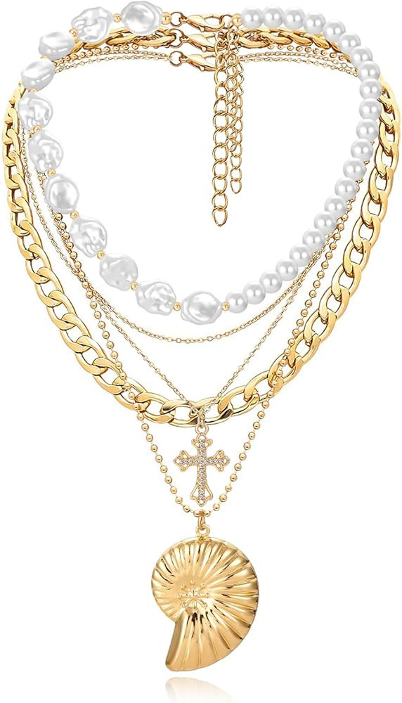 MJartoria Gold Layered Necklaces for Women Trendy Big Shell Pearl Cross Pendant Dainty Chunky Cha... | Amazon (US)