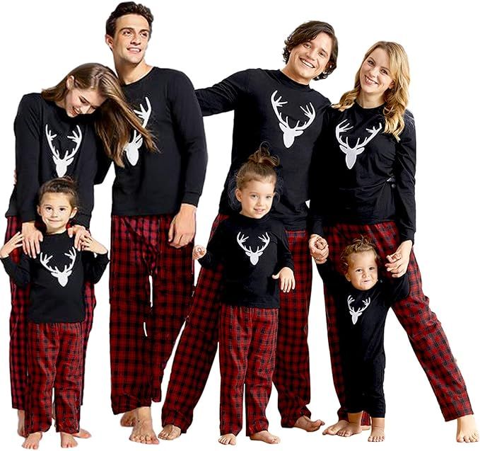 IFFEI Matching Family Pajamas Sets Christmas PJ's with Deer Long Sleeve Tee and Plaid Pants Loung... | Amazon (US)