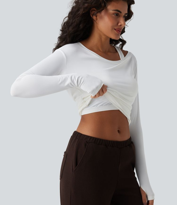 Women’s Built-in Bra One Shoulder Long Sleeve Thumb Hole Ruched Cool Touch Workout Top-UPF50+ -... | HALARA
