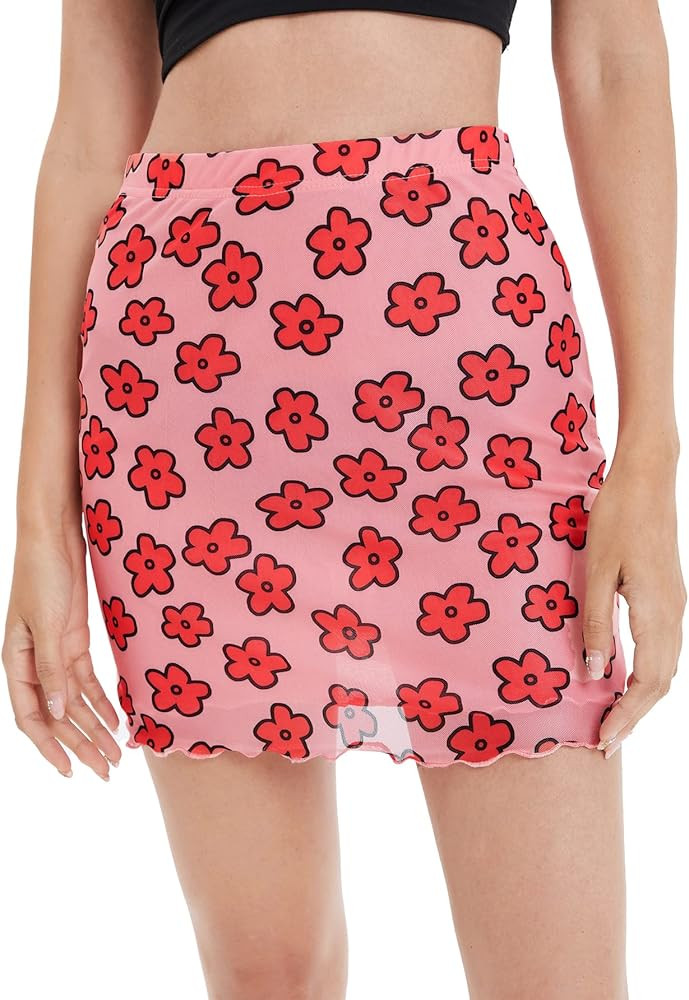 Verdusa Women's Floral Mesh Overlay Elastic Waist Bodycon Mini Skirt | Amazon (US)