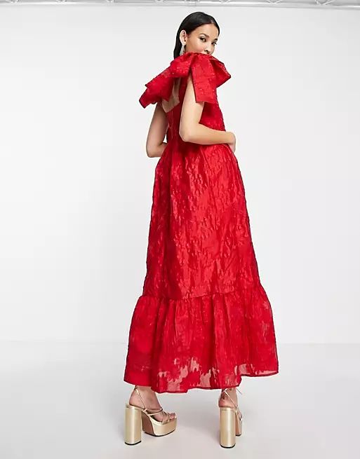 Sister Jane tiered maxi dress in red jacquard with bow straps | ASOS (Global)