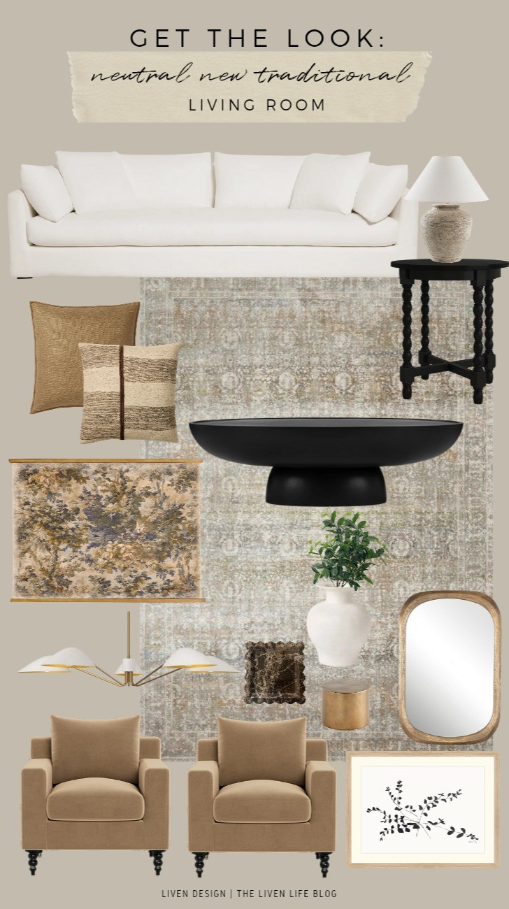 Neutral traditional living room. Home decor. Sofa. Throw pillows. Black coffee table. Side table. Accent table. Ceramic lamp. Tapestry. Wall hanging. Loloi rug. Distressed aged vintage style rug 

#LTKSeasonal #LTKHome #LTKSaleAlert