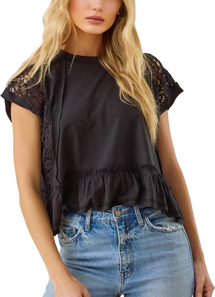 Women's Tops Cropped Lace Crochet Crewneck Cap Sleeve Shirt Cute Peplum Casual Summer Blouses | Amazon (US)