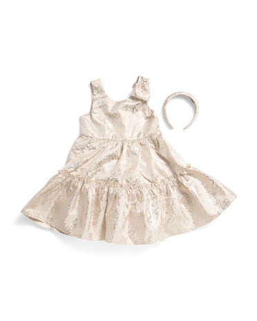 Girls Sleeveless Tiered Dress With Bows And Headband | TJ Maxx