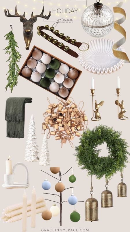 Christmas decorating round up! I love the brass bells and deer hook to warm up holiday decor. Add in a cedar wreath, candles, velvet ornaments and a marble bowl to hold ornaments. #holiday2023 #amazonholiday 

#LTKfindsunder50 #LTKhome #LTKHoliday