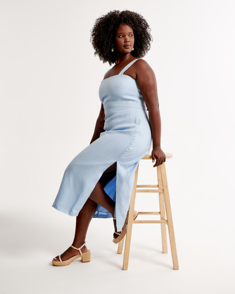 Premium Linen High-Slit Midi Dress | Abercrombie & Fitch (US)