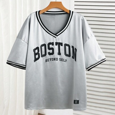 Plus Size Satin V-Neck Sports Jersey T-Shirt | SHEIN