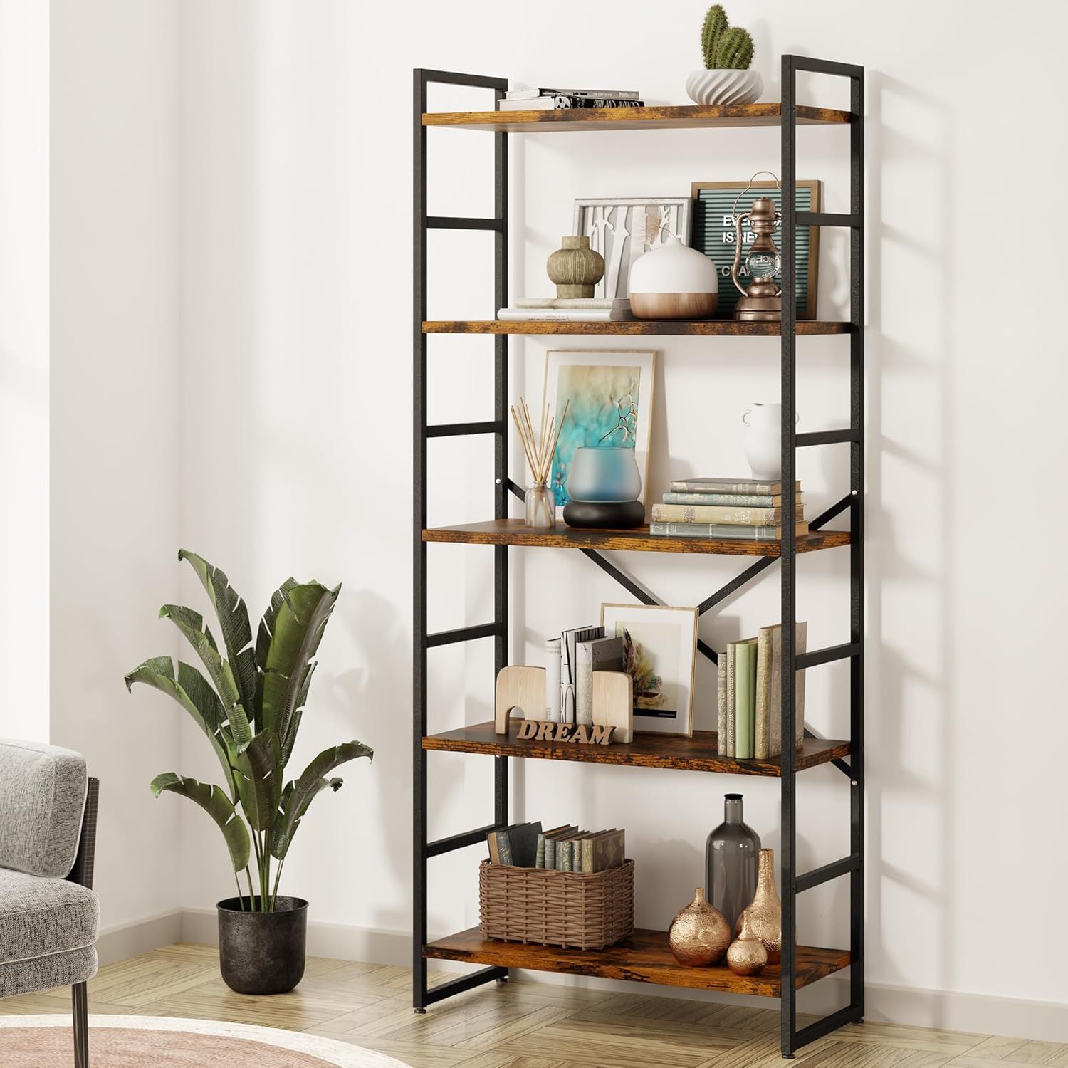 Shintenchi 5 Tier Industrial Bookcase Shelf for Bedroom/Living Room/Home Office - Rustic Brown St... | Amazon (US)