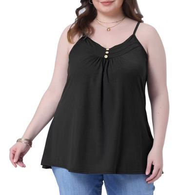 Women's PlusSize V Neck Spaghetti Strap Button Pleated Summer Casual Camisoles - Agnes Orinda 1X Black | Target