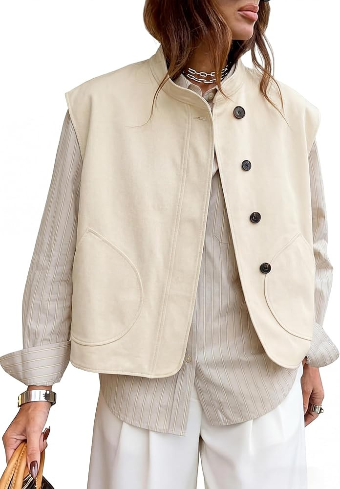 Watashi Women's Stand Collar Cotton Vest Casual Button Up Oversized Sleeveless Waistcoat Spring S... | Amazon (US)