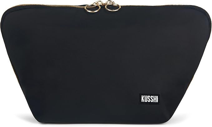 KUSSHI Washable Travel Makeup & Cosmetic Bag (Vacationer, Satin Black/Pink) | Amazon (US)