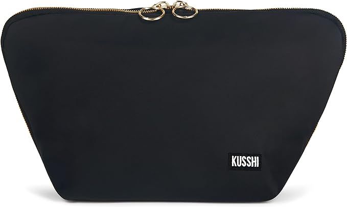 KUSSHI Washable Travel Makeup & Cosmetic Bag (Vacationer, Satin Black/Pink) | Amazon (US)