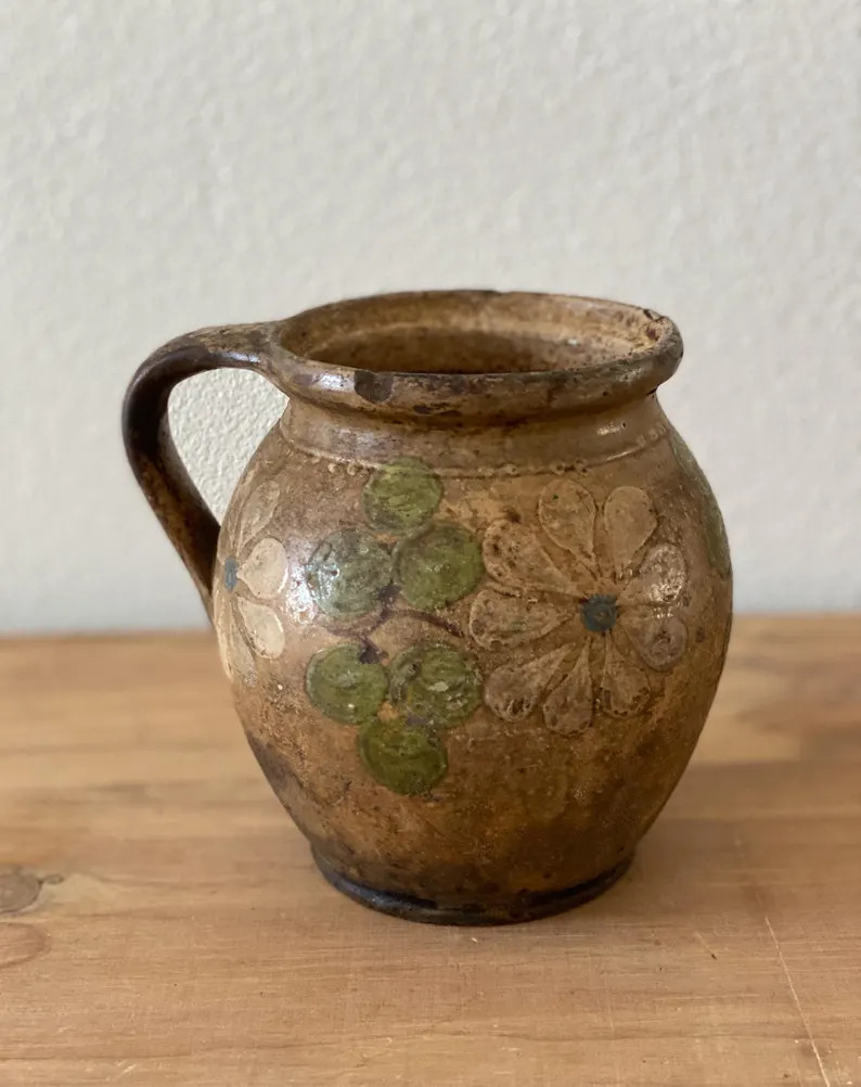 Antique Pottery Handled Vessel European Made Hand Painted Daisies | Etsy (US)