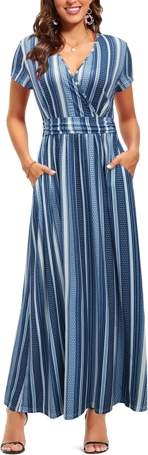 OUGES Women's V-Neck Pattern Pocket Maxi Long Dress | Amazon (US)