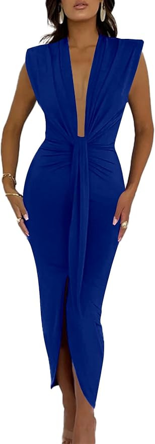 LYANER Women's Deep V Neck Pads Shoulder Ruched Split Slit Front Sleeveless Bodycon Midi Dress | Amazon (US)
