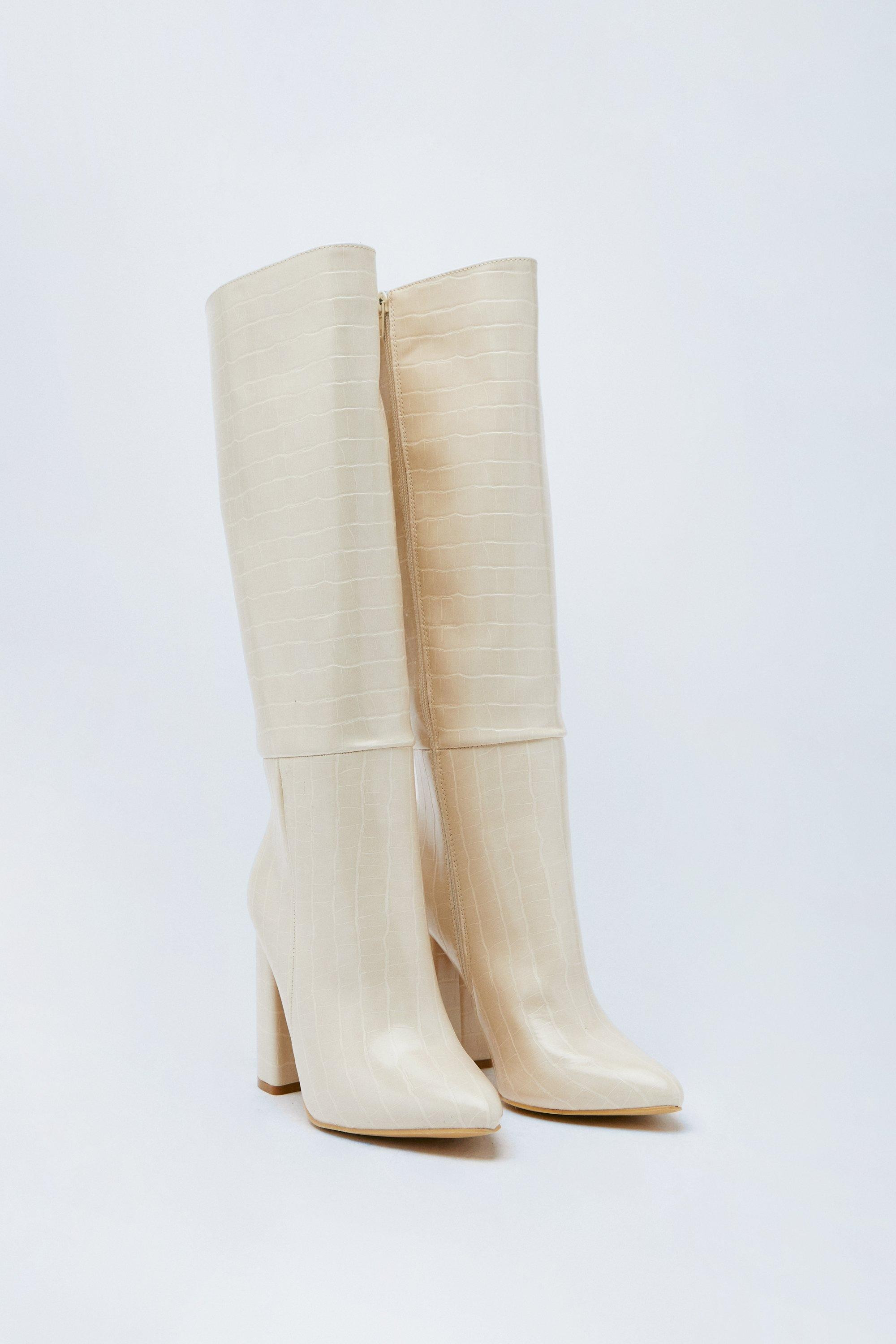 Faux Croc Block Heel Knee High Boots | Nasty Gal (US)