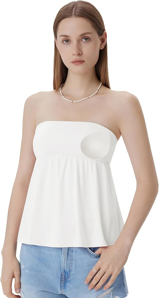 SUUKSESS Women Peplum Tube Tops with Built in Bra Summer Cute Sleeveless Strapless Babydoll Tank ... | Amazon (US)