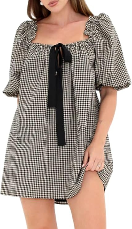 KMBANGI Women Cute Babydoll Dress Short Puff Sleeve Bow Tie Fairy Mini Dress Ruffle Boho Floral S... | Amazon (US)