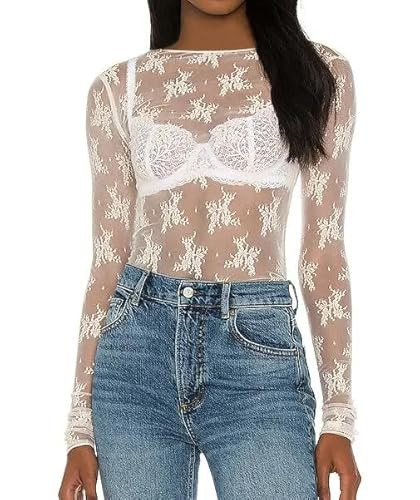Rapbin Mesh Tops for Women Going Out Long Sleeve Mesh Shirt See Through Sheer Top Embroidery Lace Blouses White XXL | Amazon (US)