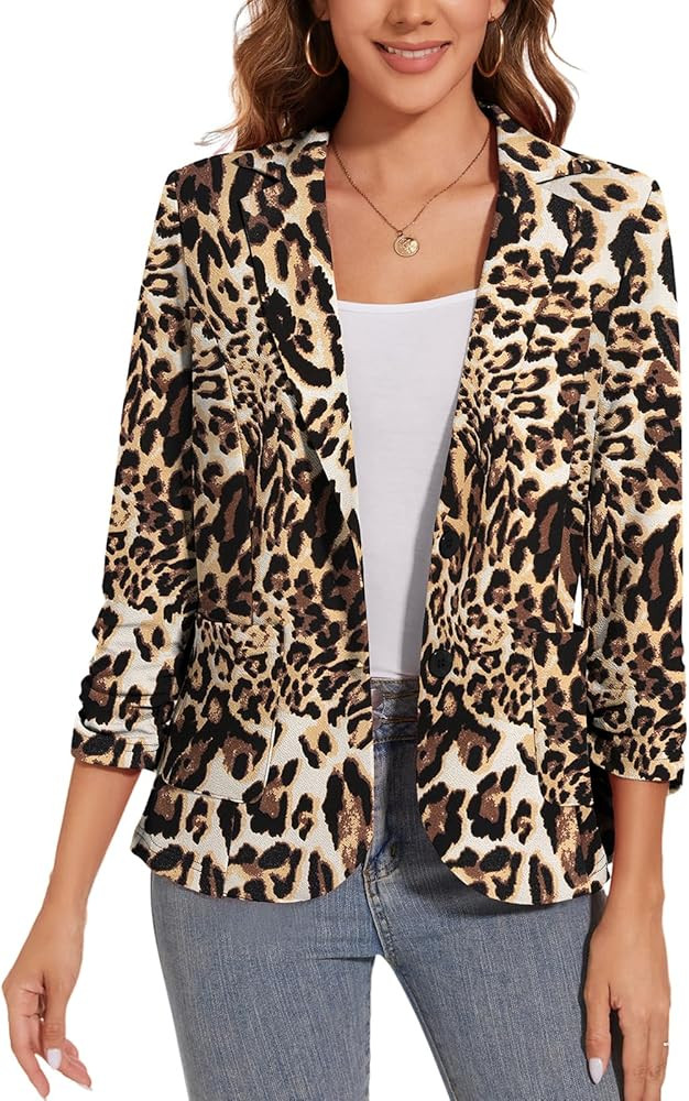 Women's Casual Button Front Blazer Jackets Ruched 3/4 Sleeve Lapel Office Work Lightweight Blazer... | Amazon (US)