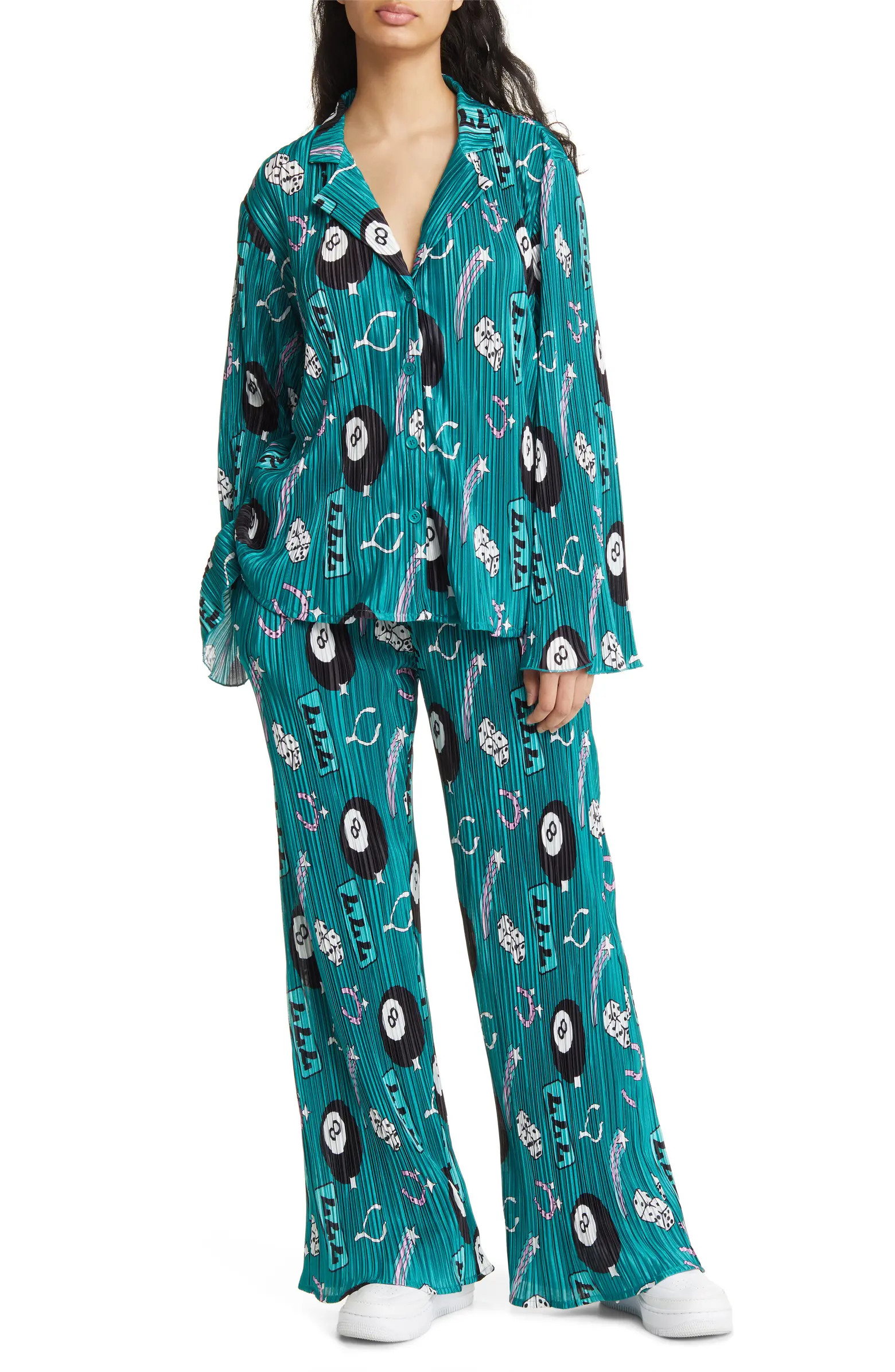 Notched Collar Plissé Top & High Waist Pants Set | Nordstrom