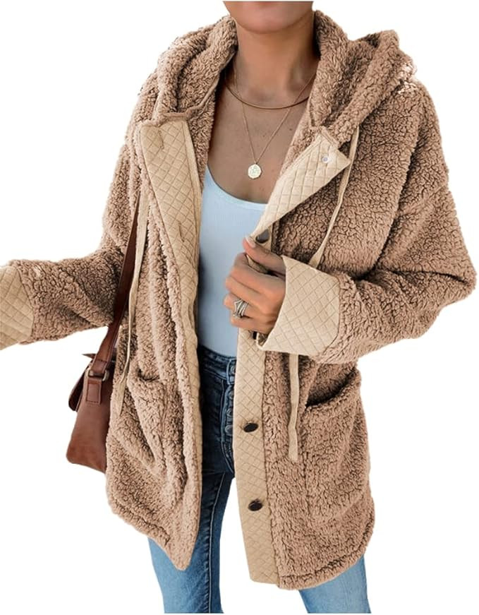 Grlasen Women's Hooded Winter Coat Long Sleeve Button Sherpa Jacket Warm Fleece Outwear with Pock... | Amazon (US)