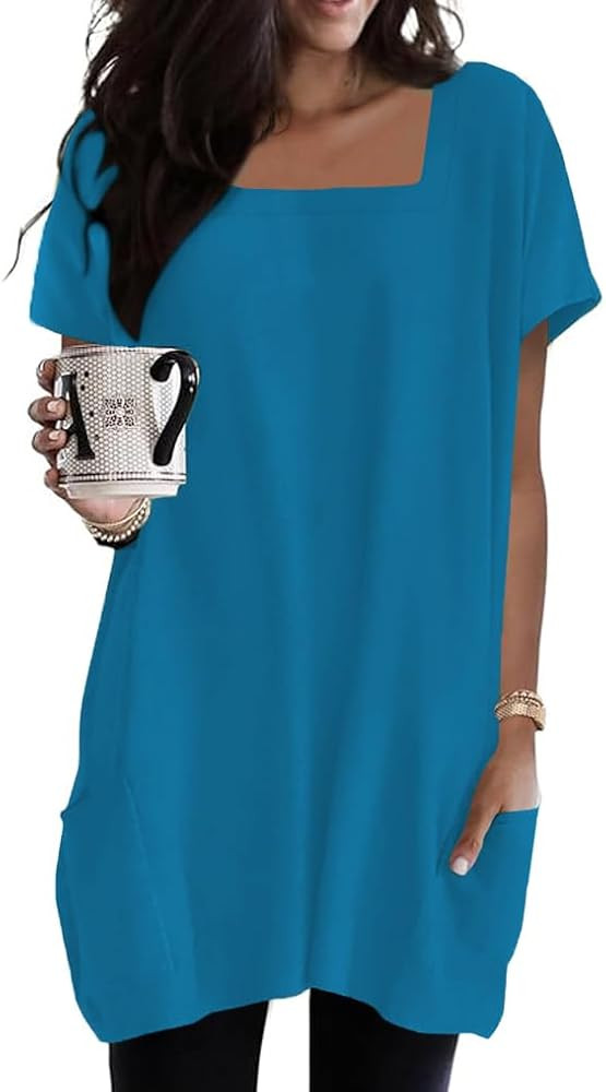 Poetsky 2025 Summer Tunic or Tops for Women to Wear with Leggings Square Neck Casual Long T Shirt... | Amazon (US)