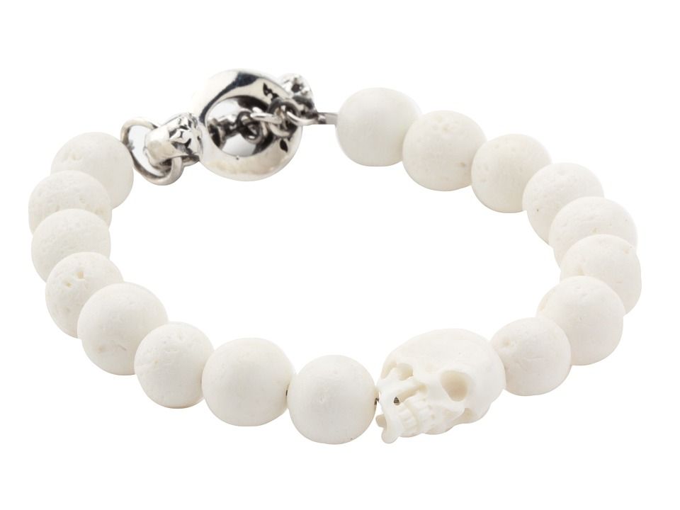 King Baby Studio White Coral Bead Bracelet with White Bone Skull and Silver Clasp (White) Bracelet | Zappos