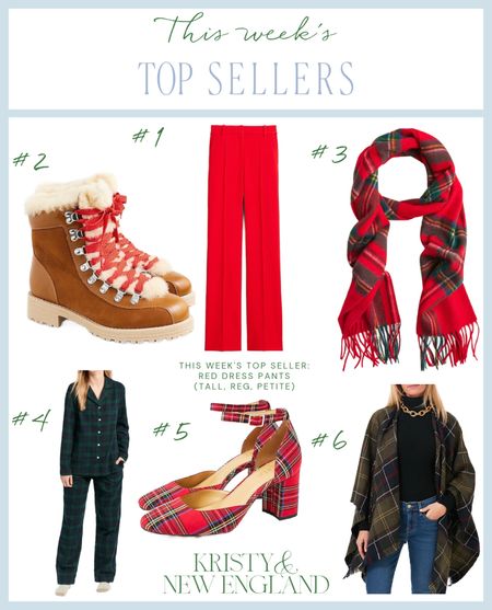 This week’s bestsellers: #1 red dress pants #2 Nordic sherpa lined leather boots #3 cashmere red tartan scarf #4 Blackwatch plaid flannel pajamas #5 red tartan heels #6 Barbour tartan serape 

#LTKSeasonal #LTKHoliday #LTKover40