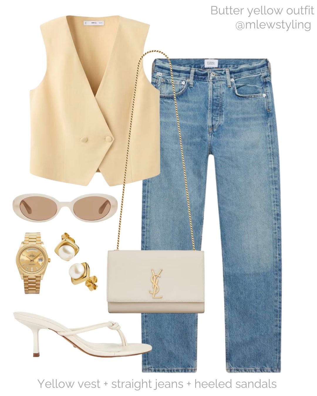 Yellow vest + straight jeans + heeled sandals 💛

Tags: spring outfit, butter yellow vest, mango waistcoat, citizens of humanity jeans, ysl shoulder bag, kitten heels, gold watch, pearl earrings, capsule wardrobe, outfit formula, neutral aesthetic, elevated outfit

#LTKjeans #LTKstyletip #LTKshoes