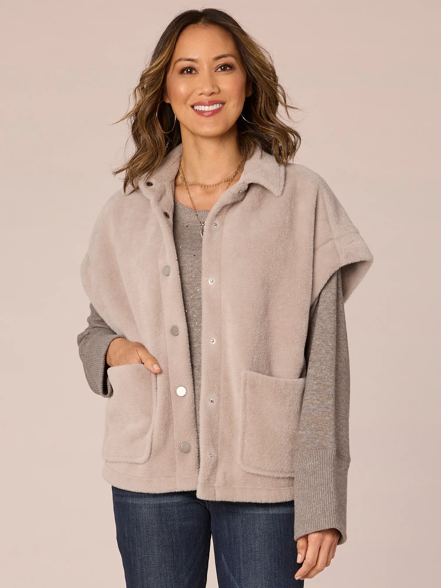 Extended Drop Shoulder Sleeve Button Front Patch Pocket Knit Vest | Democracy Clothing