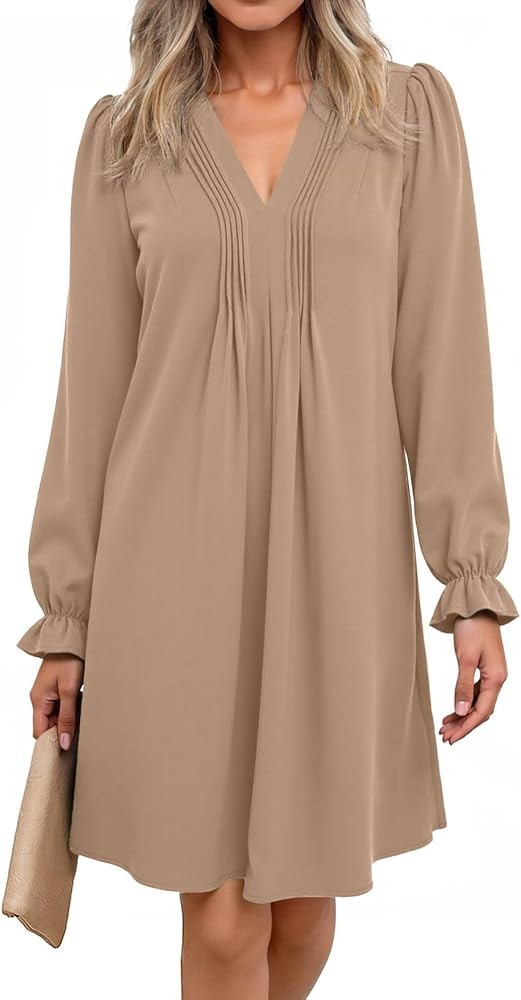 Dokotoo Womens Casual Dress A-Line Ruffle Sleeve V Neck Midi Dress 2025 Fashion Pleated Flowy Sun... | Amazon (US)