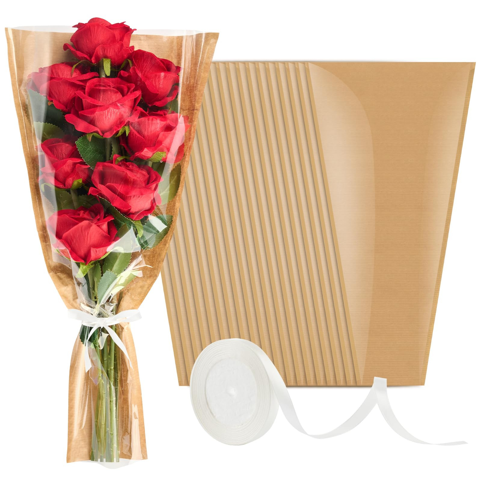 Mauproy 50 Pack Flower Bags for Bouquets, Flower Wrapping Paper Kraft Floral Wrap Sleeves with Ri... | Amazon (US)