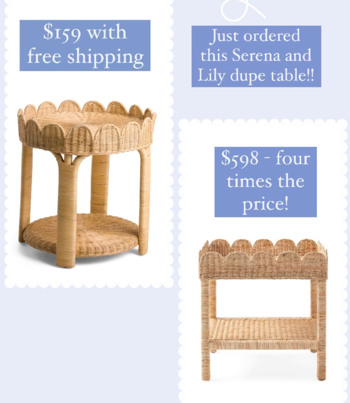 Run!! A circular dupe version of Serena and Lily’s scalloped side table - for a quarter of the price, and free shipping! 😧

Serena and Lily furniture dupe, scalloped furniture, rattan furniture, woven furniture, side table, GrandMillennial home, new traditional home 

#LTKstyletip #LTKFind #LTKhome