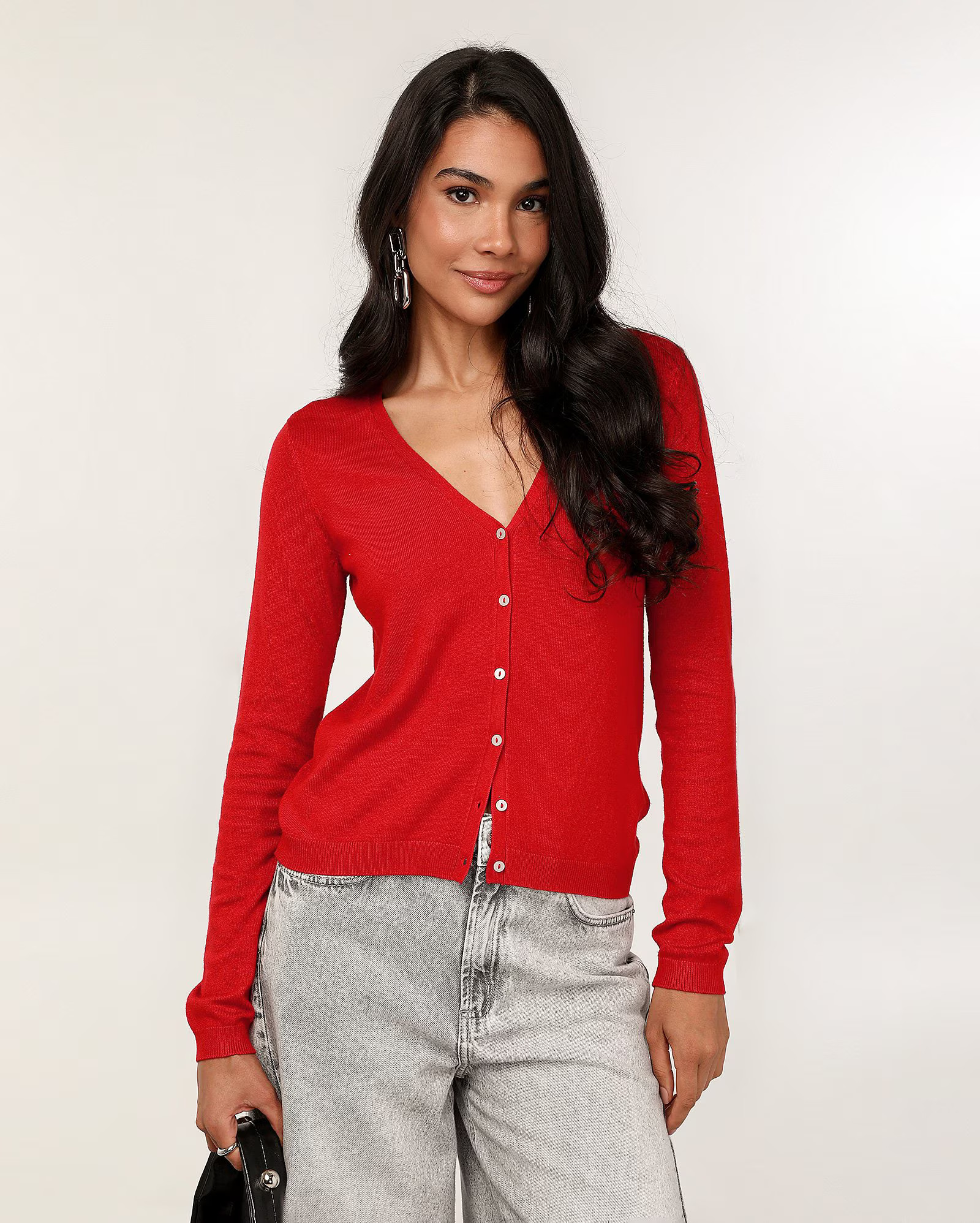 Cardigan feminino tricot decote V com botão - Vermelho | Pool Basics | Riachuelo (BR)