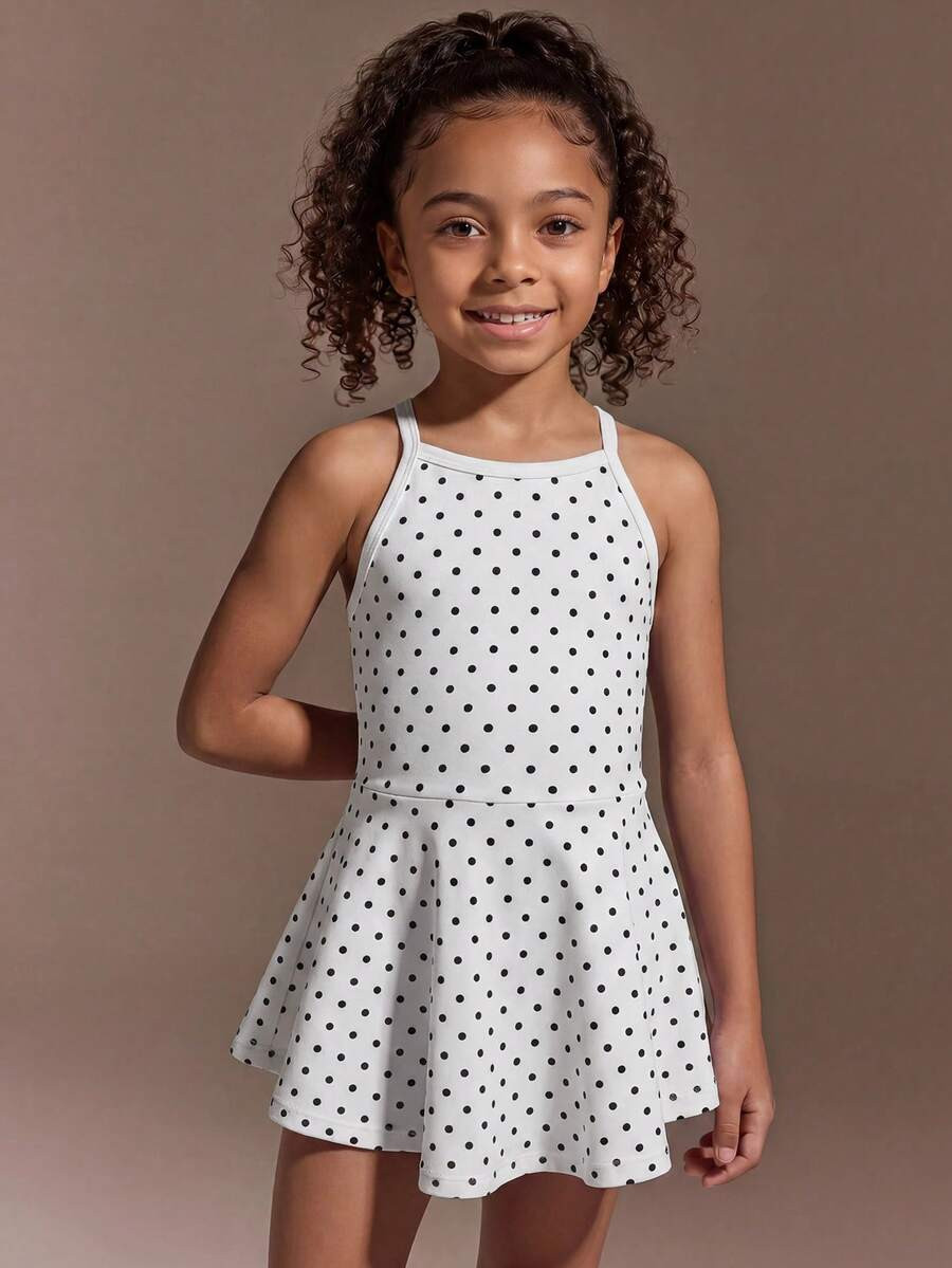 SHEIN Young Girls' Halter Neck Sports Dress, White With Black Polka Dot Print, Halter Spaghetti S... | SHEIN