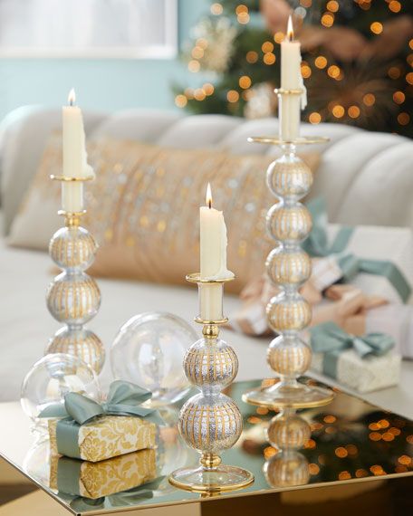 Exclusive 9.2" Glittery Glass Christmas Candleholder | Neiman Marcus