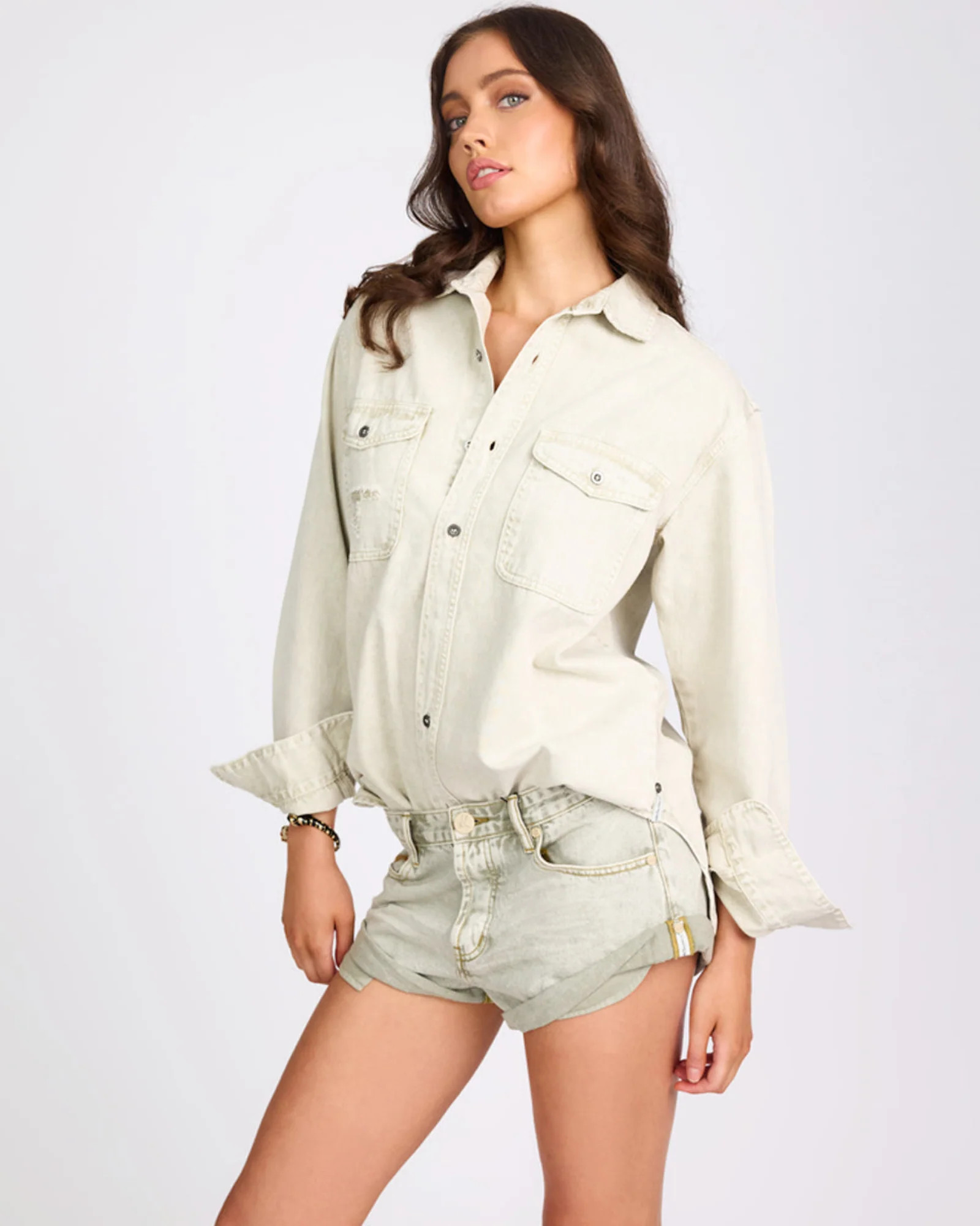 Everyday Denim Shirt - Antique White | One Teaspoon | OneTeaspoon