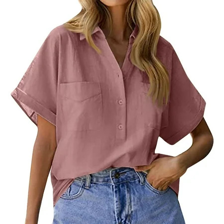 PURJKPU Womens Button Down Shirts Cotton Short Sleeve Summer Blouses V Neck Collared Linen Beach Casual Tops with Chest Pocket Pink S | Walmart (US)
