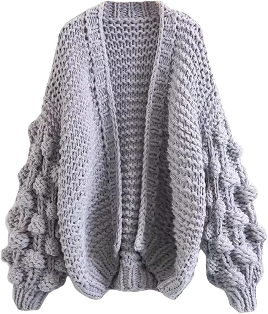 CHARTOU Women's Cute Lantern Sleeve Cable Knit Sweater Jacket Crochet Open Front Cardigan | Amazon (US)